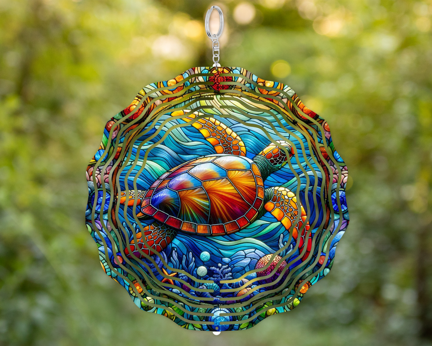 Handmade Sea Turtle Wind Spinner in Vibrant Faux Stained Glass