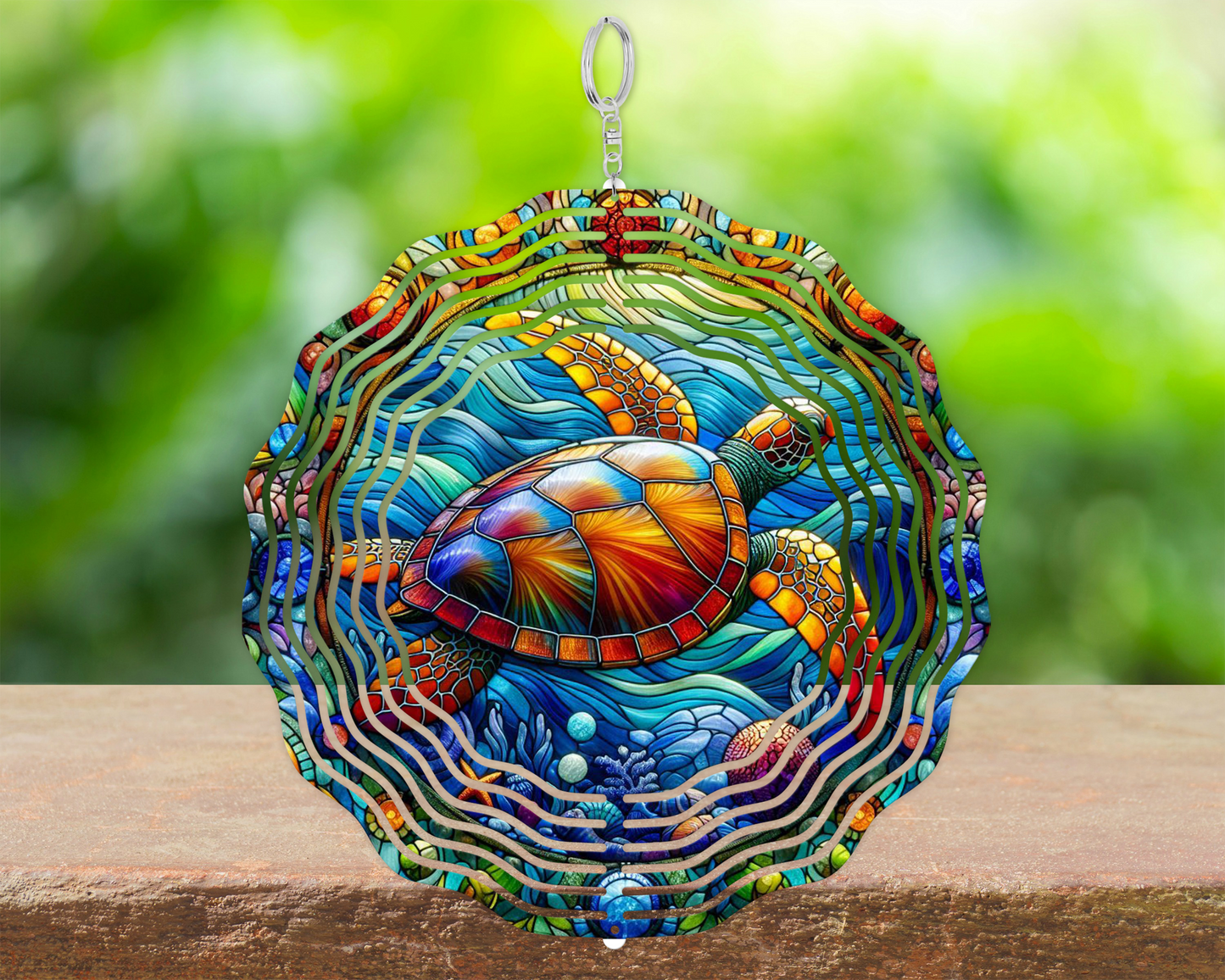 Blue Ocean Faux Stained Glass Spinner with Swimming Turtle