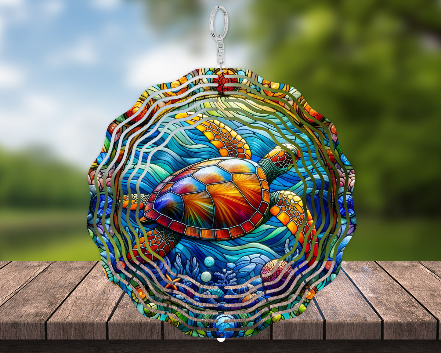 Blue Ocean Faux Stained Glass Spinner with Swimming Turtle