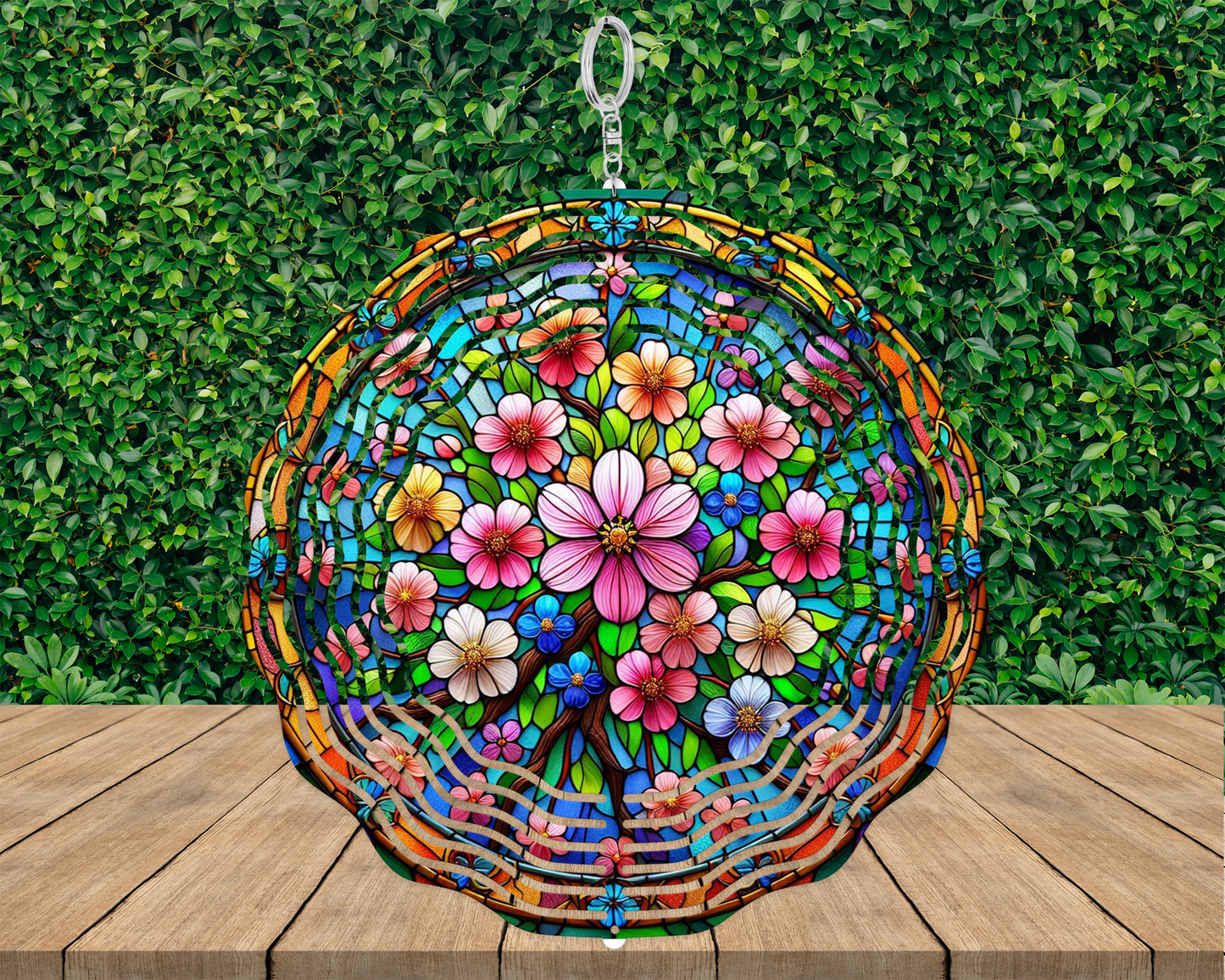 Handcrafted Faux Stained Glass Wind Spinner | Colorful Spring Flowers