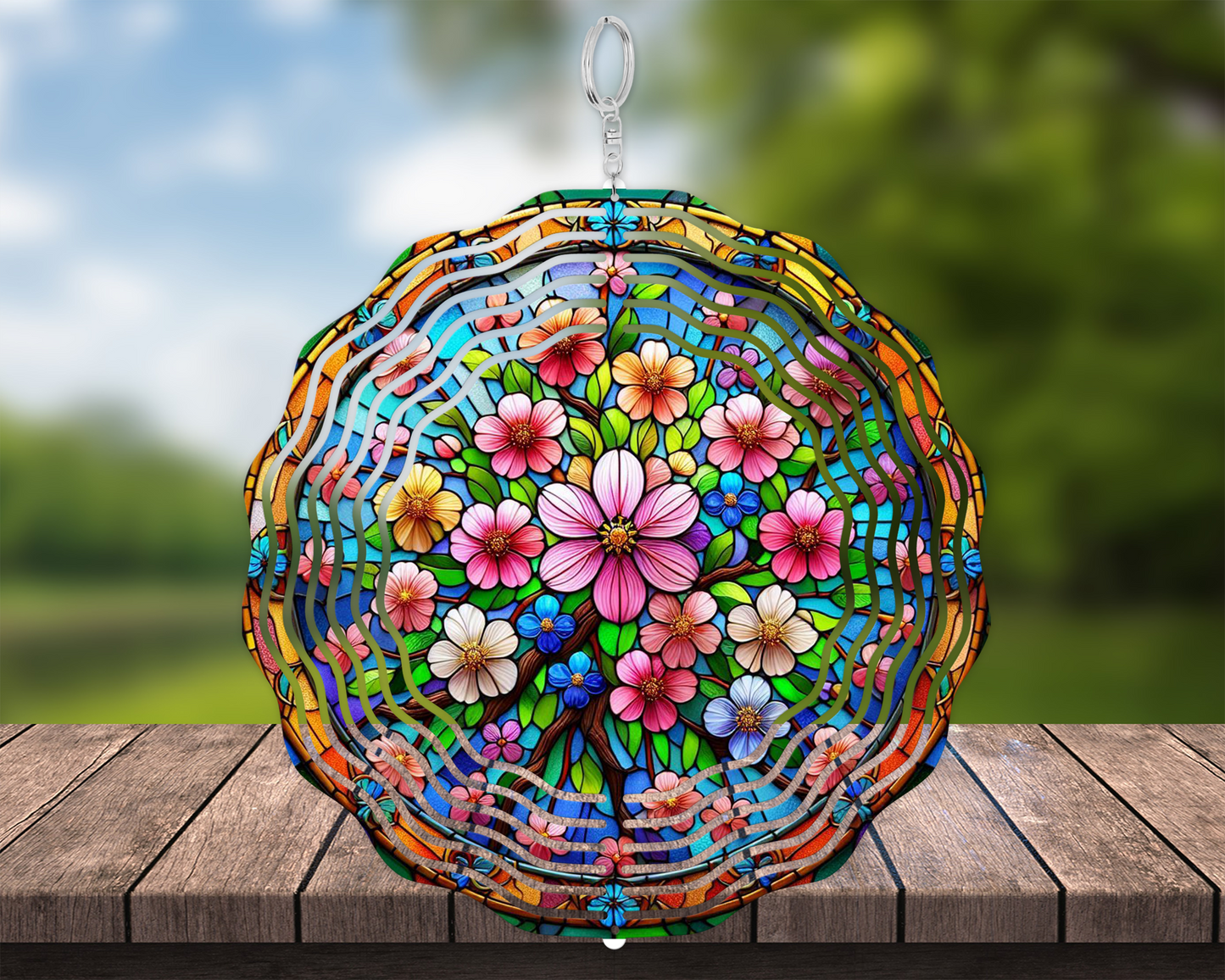 Handcrafted Faux Stained Glass Wind Spinner | Colorful Spring Flowers