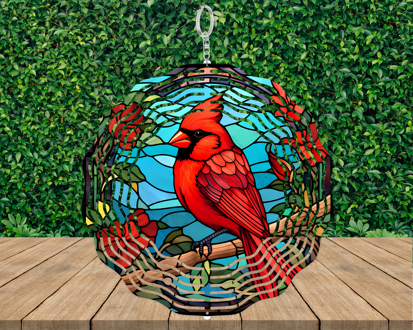 Red Cardinal Faux Stained Glass Wind Spinner - 3D Cardinal on Branch with Blue Sky and Roses