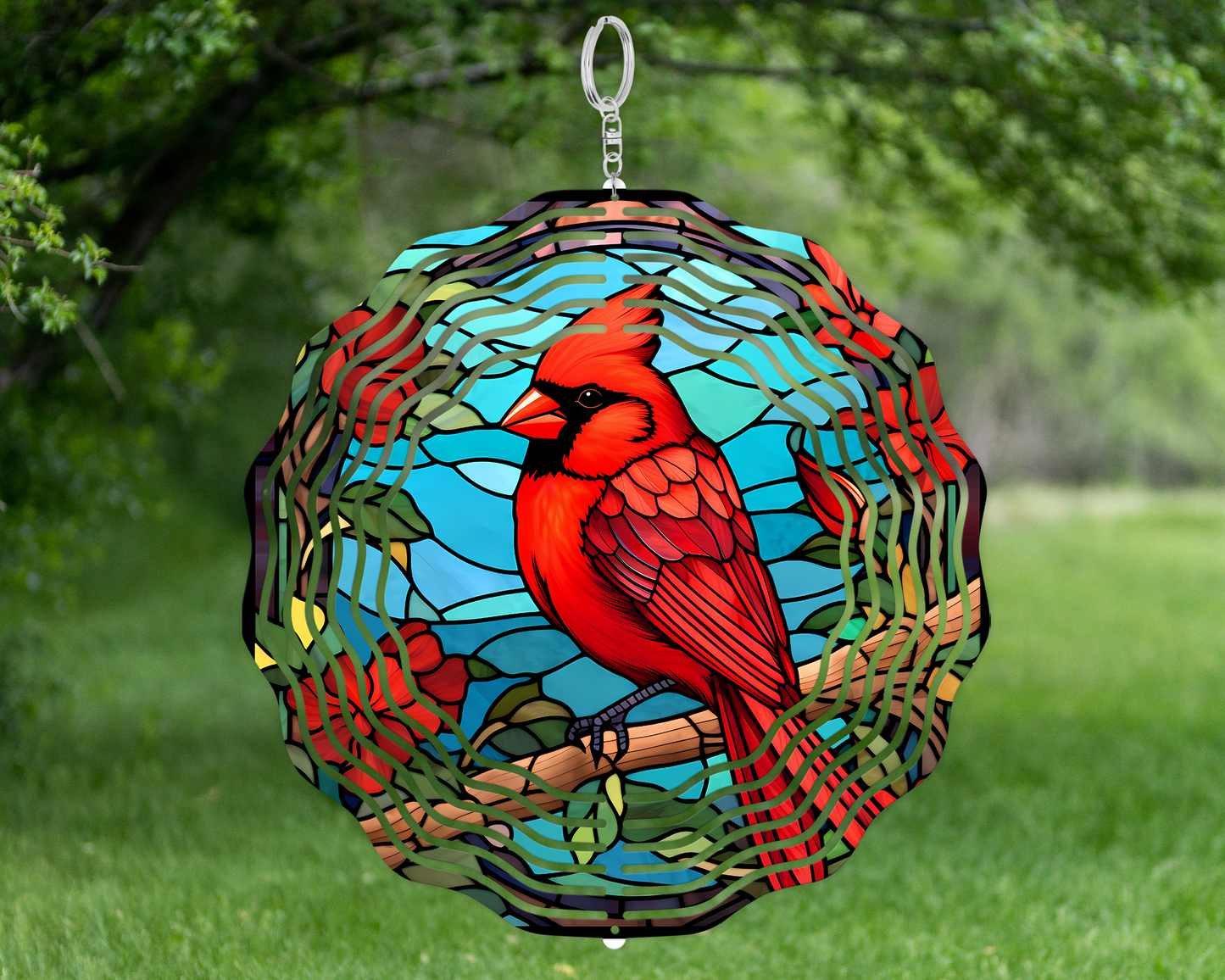 Vibrant 3D Wind Spinner with Red Cardinal, Blue Sky, and Red Roses - Faux Stained Glass