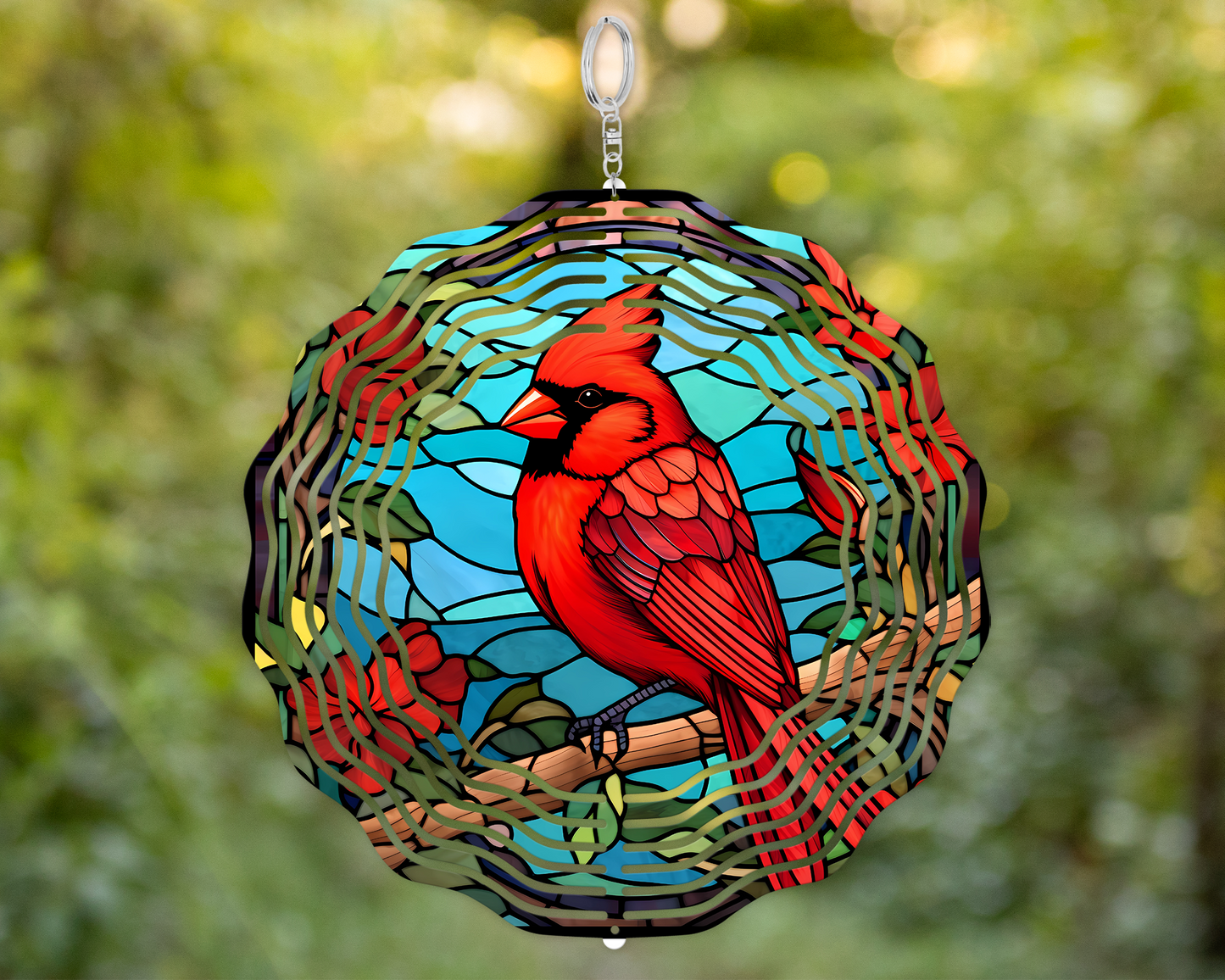Cardinal on Branch Faux Stained Glass Spinner - Red Cardinal with Blue Sky and Red Roses