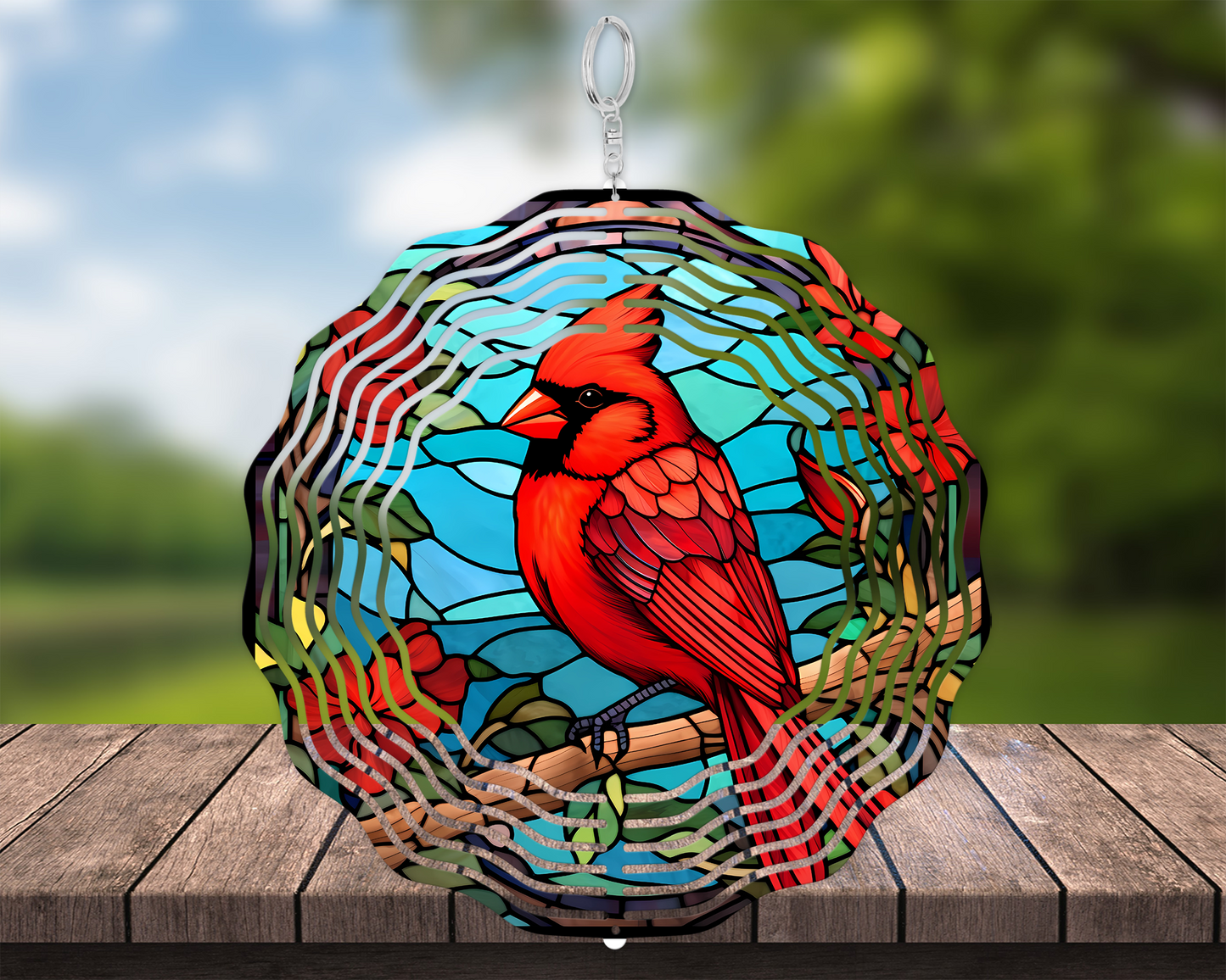 Cardinal on Branch Faux Stained Glass Spinner - Red Cardinal with Blue Sky and Red Roses