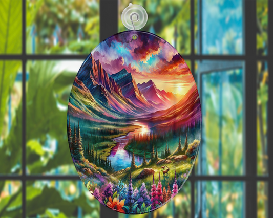 Floral Mountain Valley Glass Sun Catcher - Elegant Nature-Inspired Home Decor