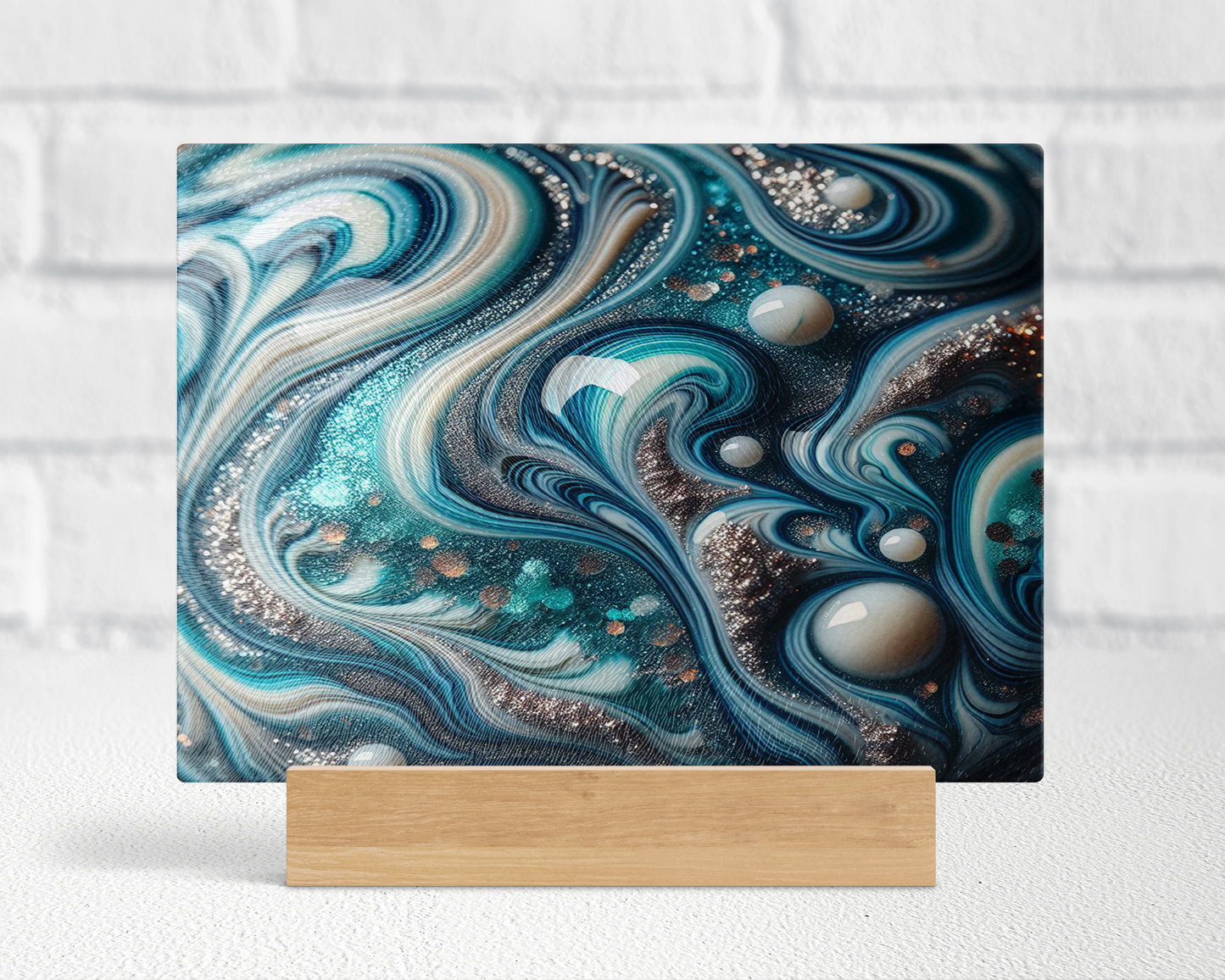Tempered Glass Cutting Board with Teal White Silver Marble Agate Design