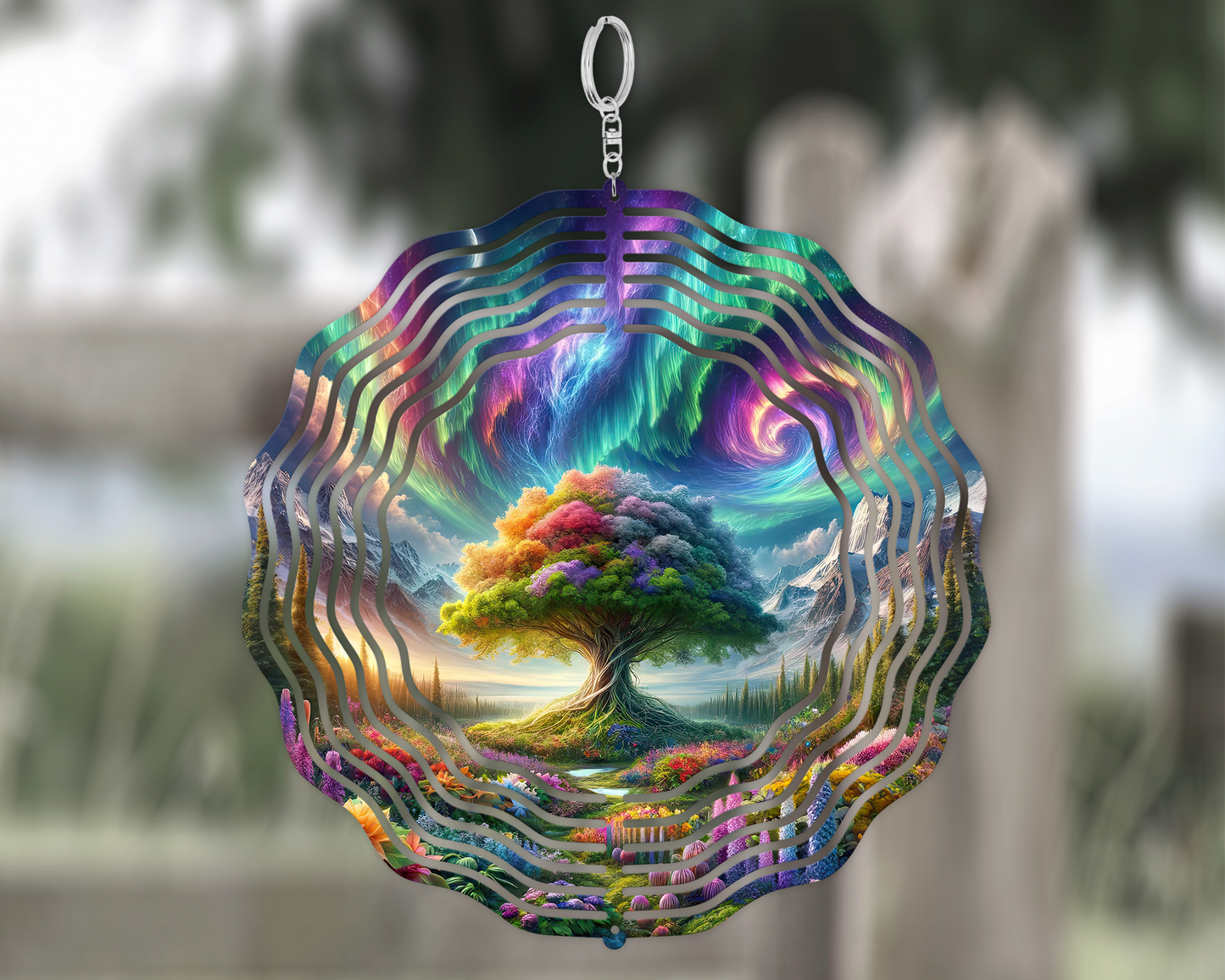 Vibrant Tree of Life Northern Lights Wind Spinner, Mountain Valley Wind Spinner