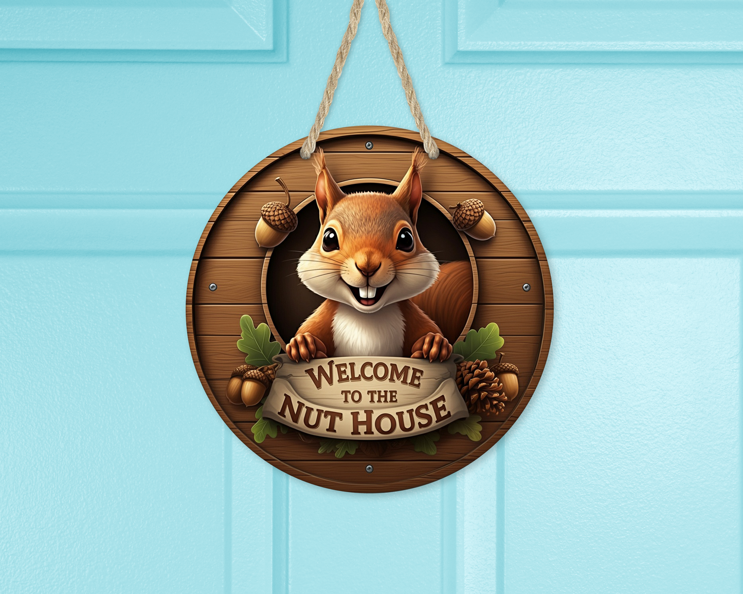 Unique 10' Round Nut House Door Wreath with Cute Squirrel, Front Door Decor, Unique Gift for Squirrel Lover, Unique Door Decor, Quirky Sign
