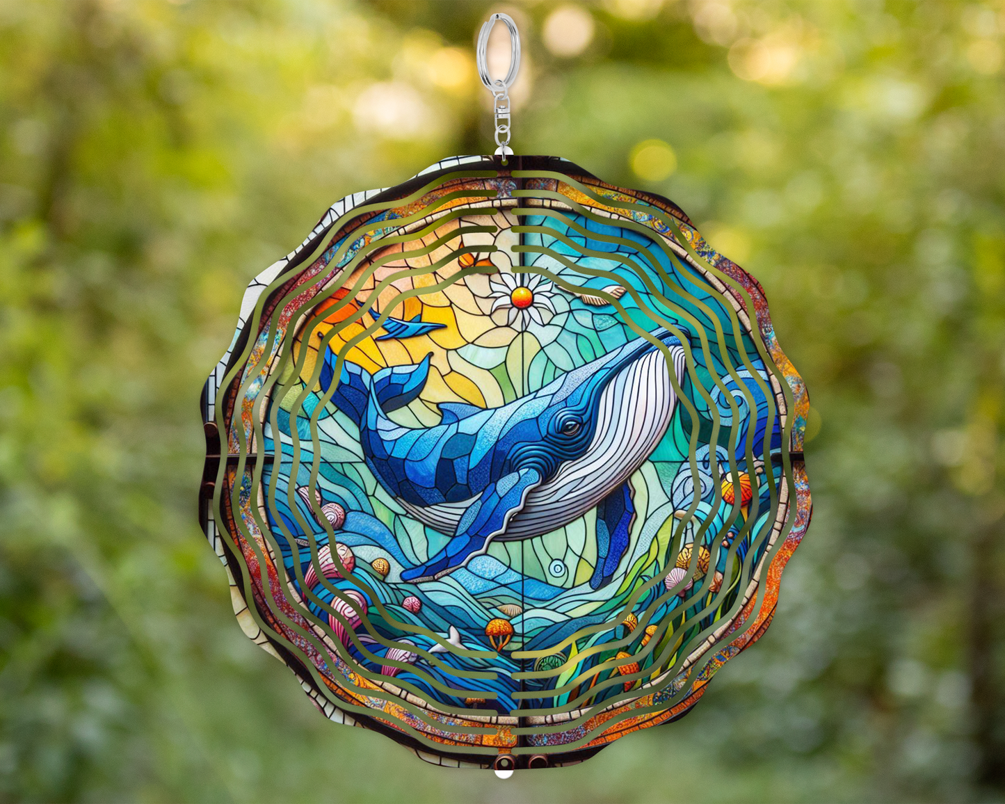 Whimsical 3D Whale Wind Spinner - Ocean Inspired Stained Glass Decor