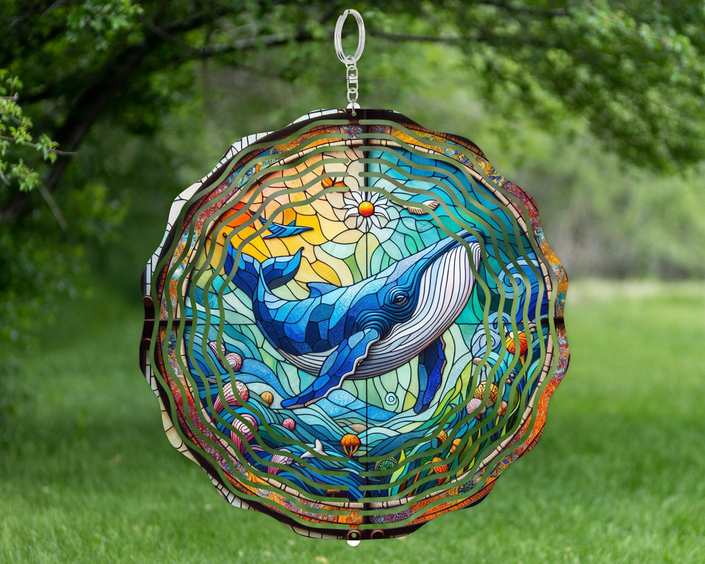 Handcrafted Faux Stained Glass Spinner - Majestic Whale Ocean Art
