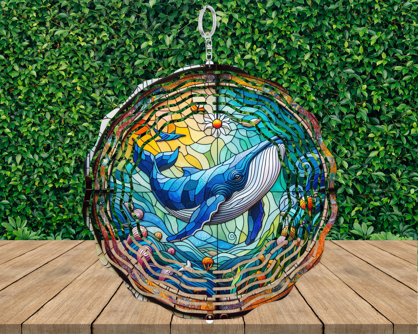 Blue and White Whale Wind Spinner - Unique 3D Stained Glass Decor
