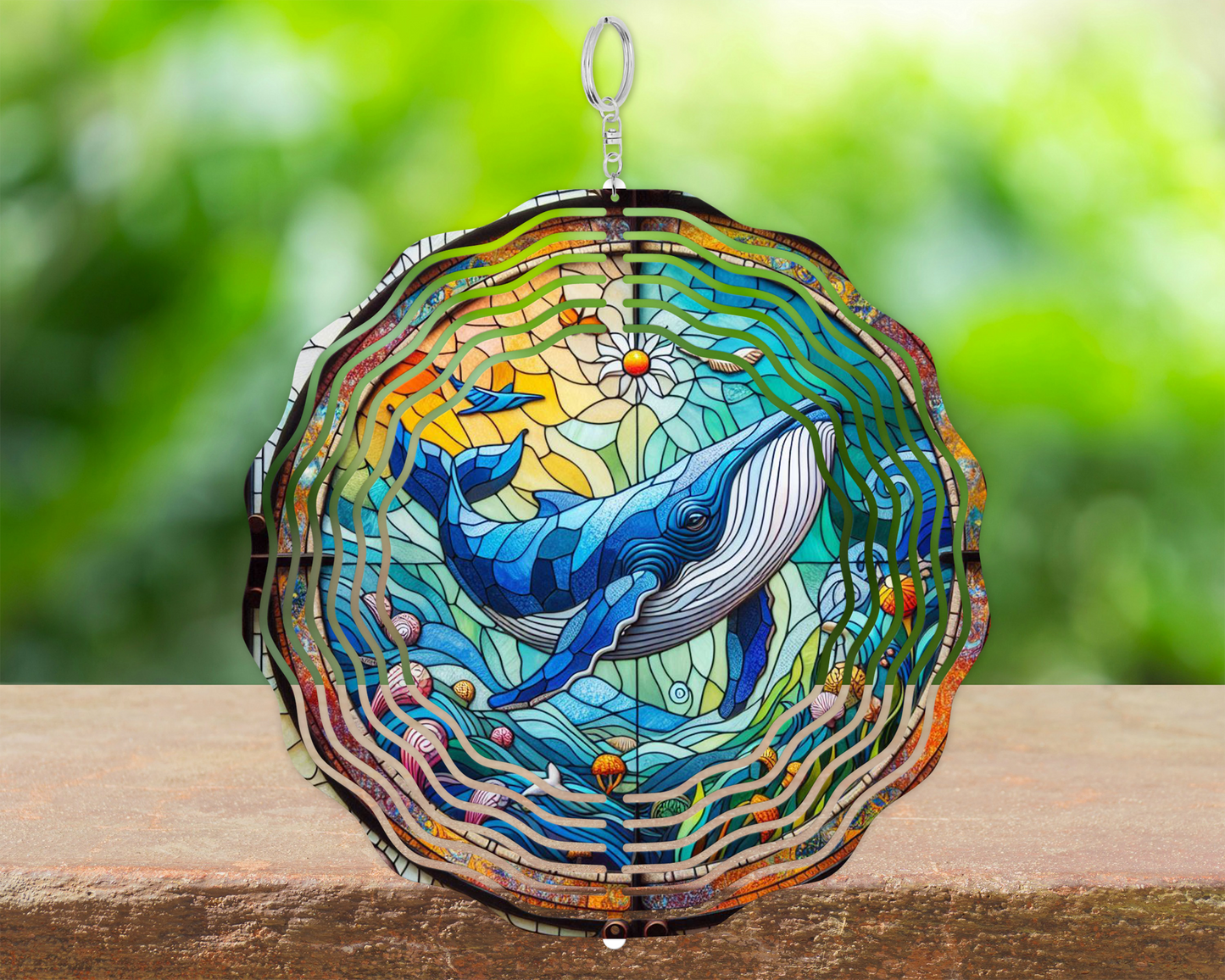 Blue and White Whale Wind Spinner - Unique 3D Stained Glass Decor