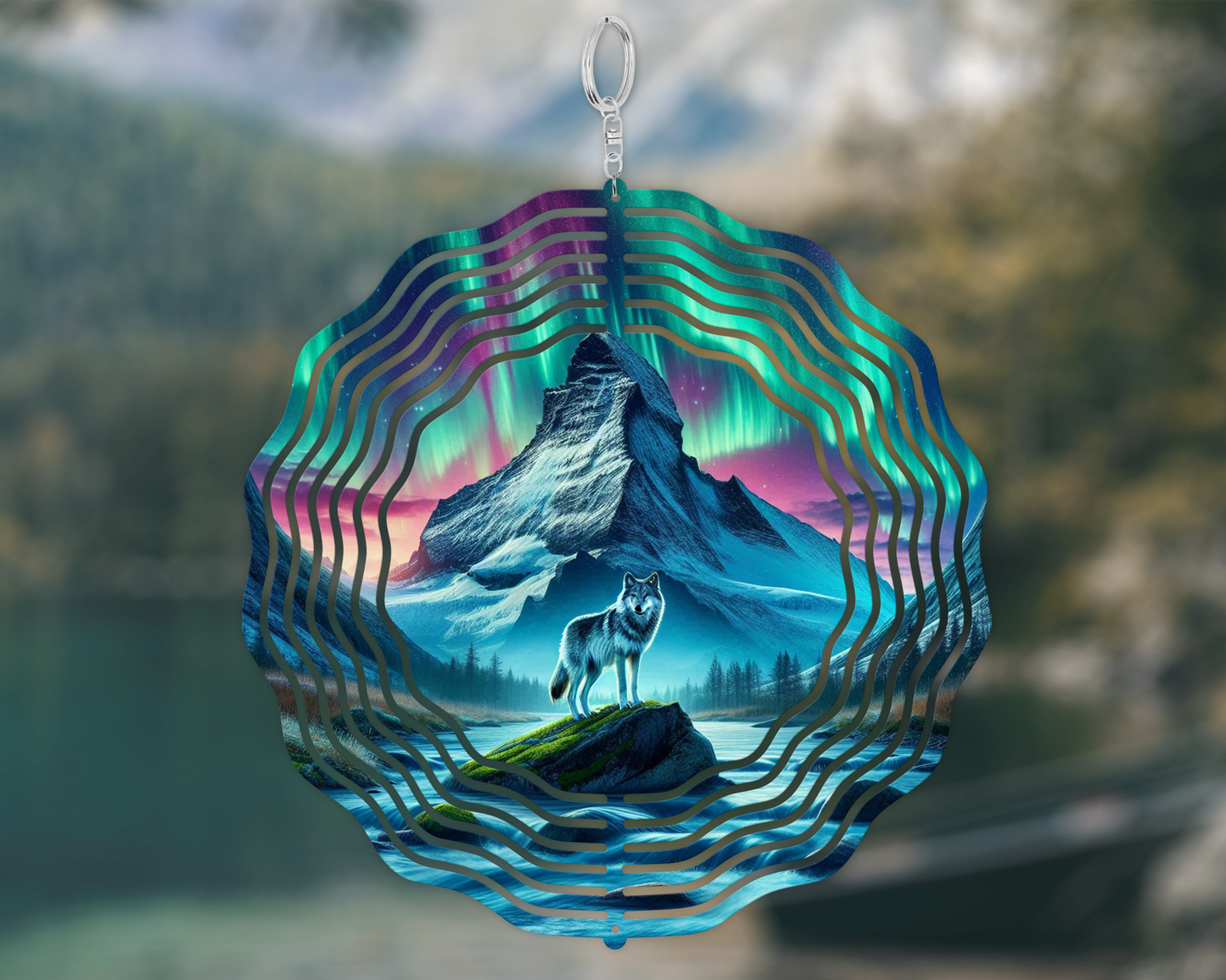 Wolf Garden Decoration, Northern Lights Wind Spinner, Unique Gifts For Mothers Day, Vibrant Garden Wind Spinner, Hanging Wind Spinner for