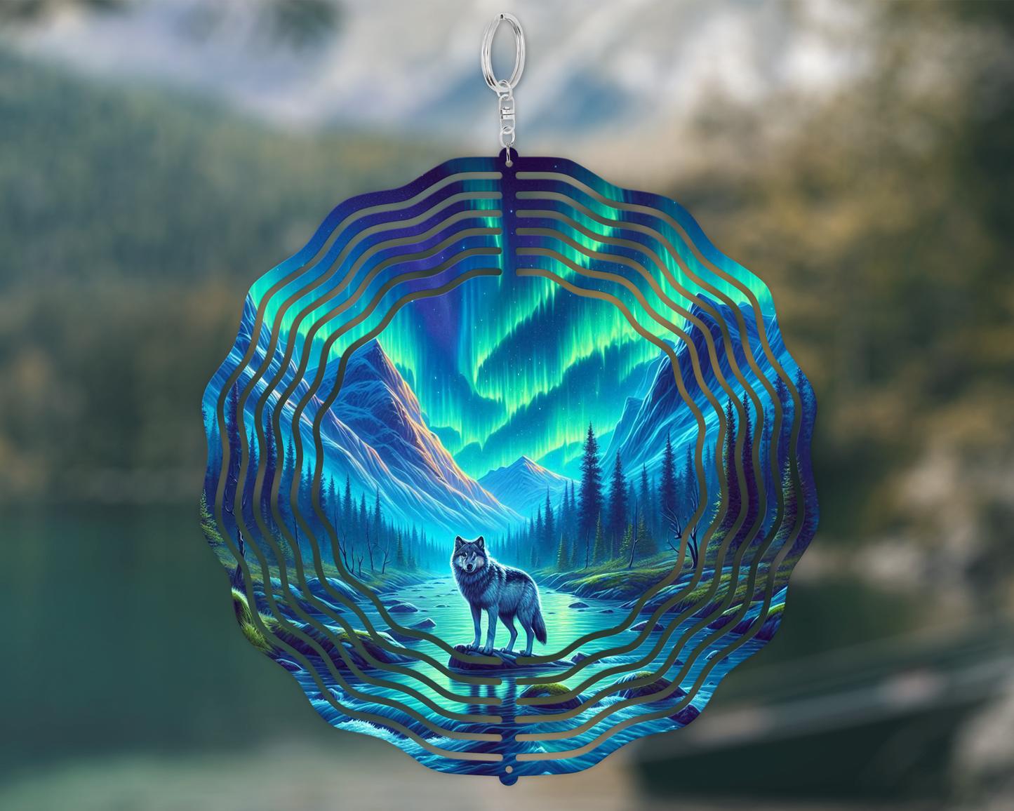Wolf Wind Spinner, Northern Lights Garden Decoration, Unique Gifts for Mothers Day, Vibrant Garden Wind Spinner, Hanging Wind Spinner for