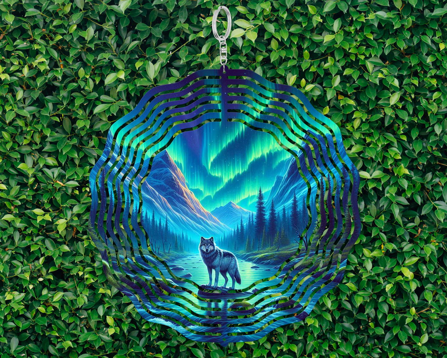 Wolf Wind Spinner, Northern Lights Garden Decoration, Unique Gifts for Mothers Day, Vibrant Garden Wind Spinner, Hanging Wind Spinner for