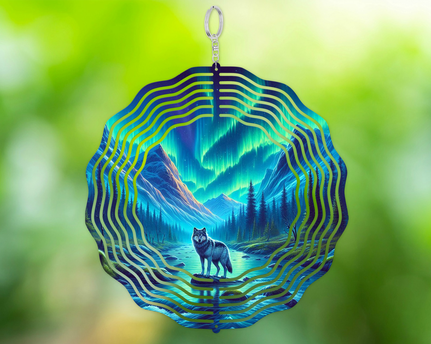 Wolf Wind Spinner, Northern Lights Garden Decoration, Unique Gifts for Mothers Day, Vibrant Garden Wind Spinner, Hanging Wind Spinner for