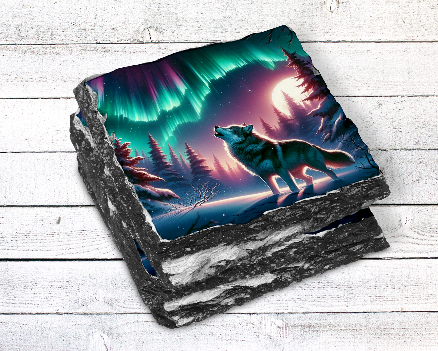Winter Forest Wolf Coaster Set - Northern Lights Slate Coasters for Wolf Lovers - Unique Gift Idea Pack of 4