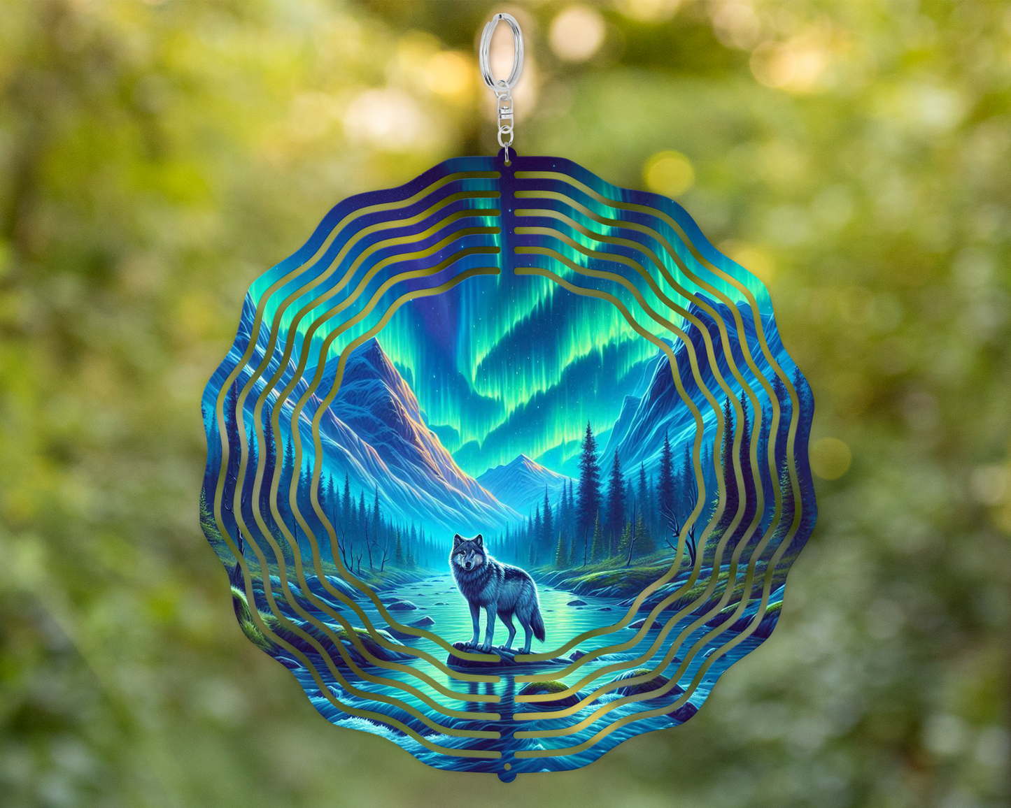 Wolf Wind Spinner, Northern Lights Garden Decoration, Unique Gifts for Mothers Day, Vibrant Garden Wind Spinner, Hanging Wind Spinner for