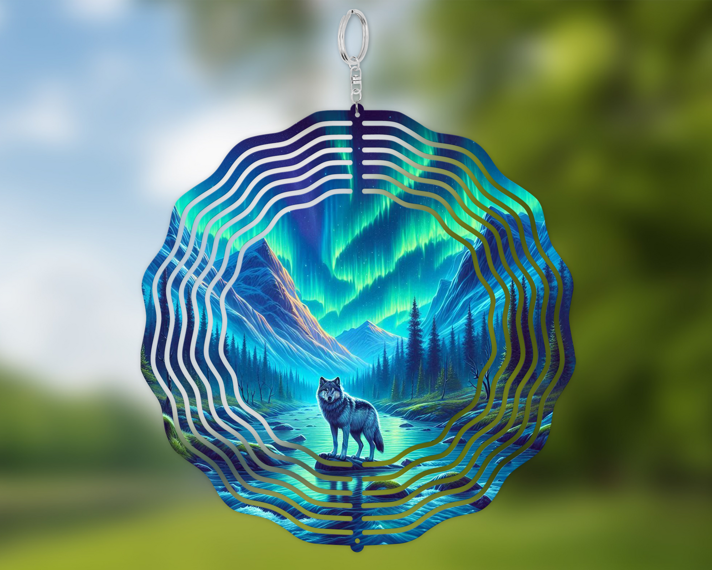 Wolf Wind Spinner, Northern Lights Garden Decoration, Unique Gifts for Mothers Day, Vibrant Garden Wind Spinner, Hanging Wind Spinner for