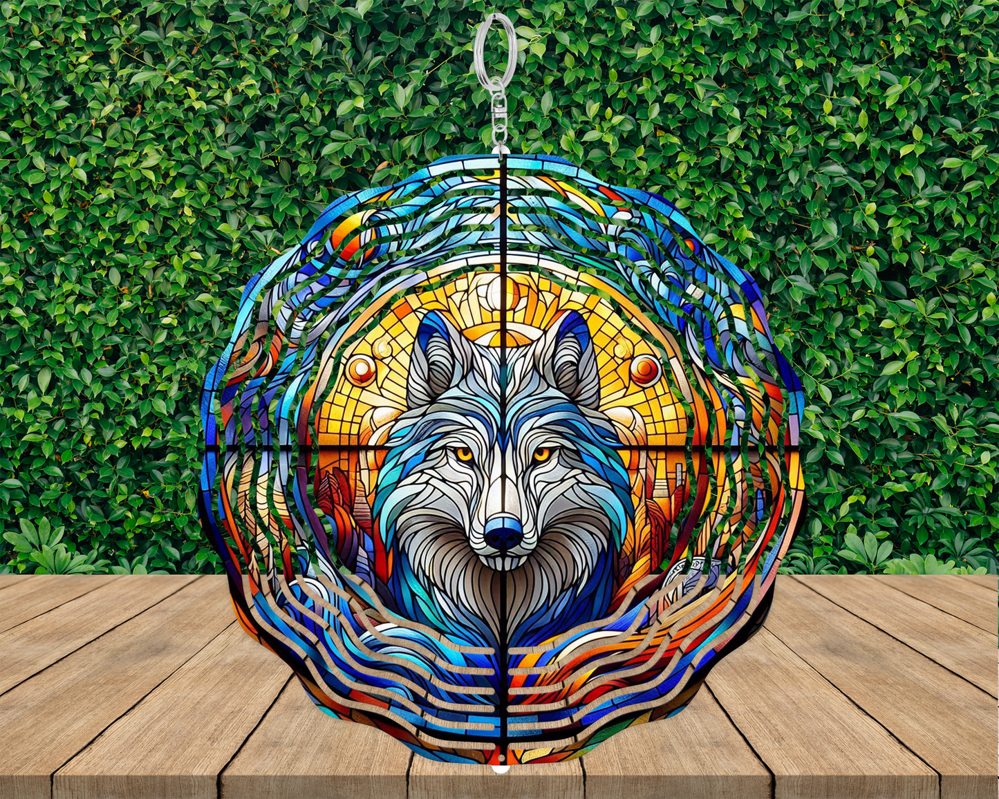 Celestial Wolf Art Wind Spinner - Faux Stained Glass