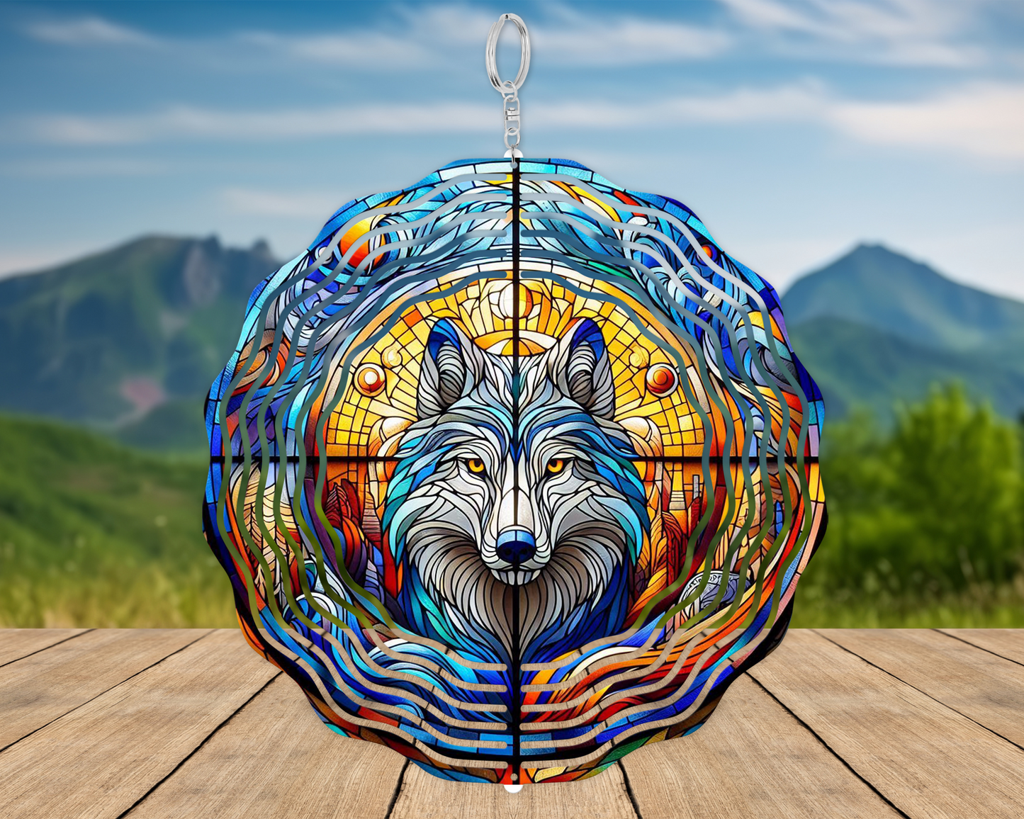 Celestial Wolf Art Wind Spinner - Faux Stained Glass