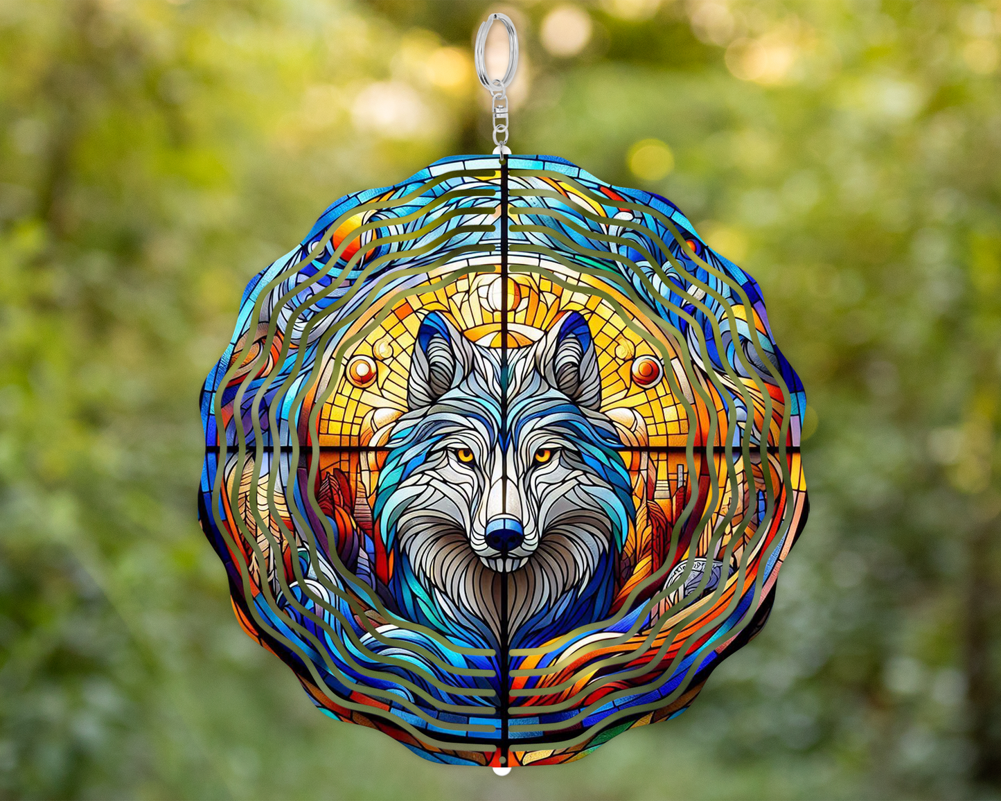 Celestial Wolf Art Wind Spinner - Faux Stained Glass
