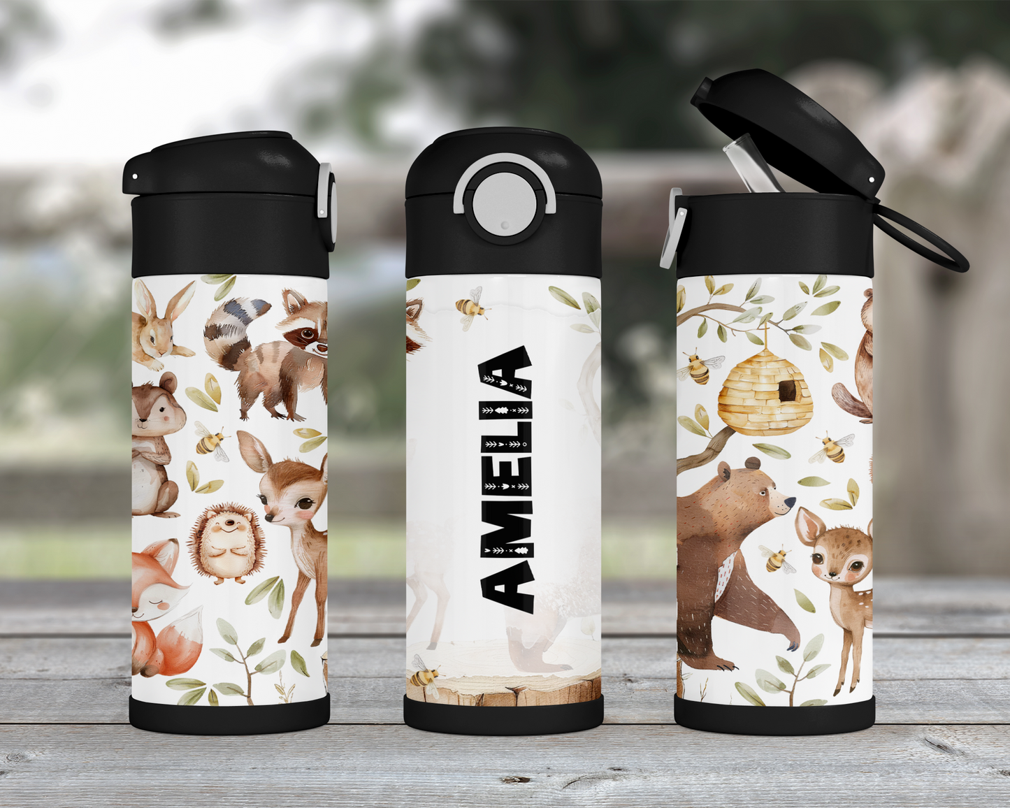 Personalized Woodland Theme Kids Water Bottle - 12oz Flip Top Hydration Bottle for School and On-the-Go Use