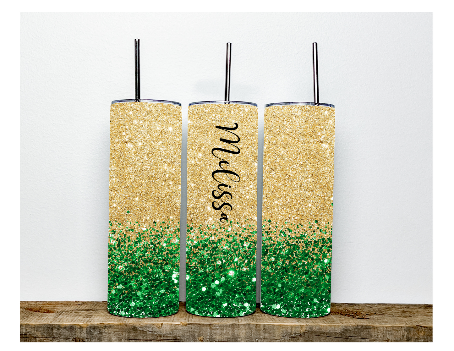 Green and Gold Faux Glitter Tumbler