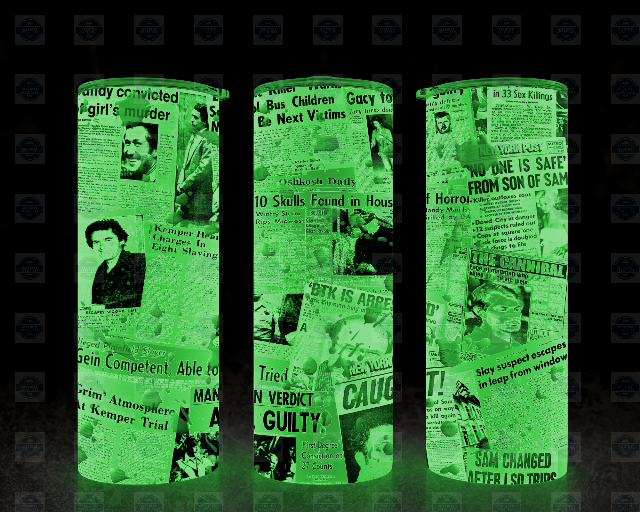 Serial Killer Newspaper Clippings Glow In The Dark Tumbler with Lid and Straw