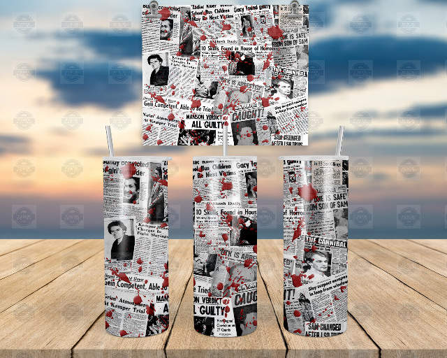 Serial Killer Newspaper Clippings Glow In The Dark Tumbler with Lid and Straw