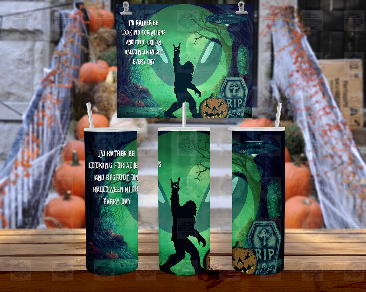 Bigfoot Alien 20oz Skinny Tumbler with Straw Lid - Fun Halloween Drinkware for Unique Celebrations