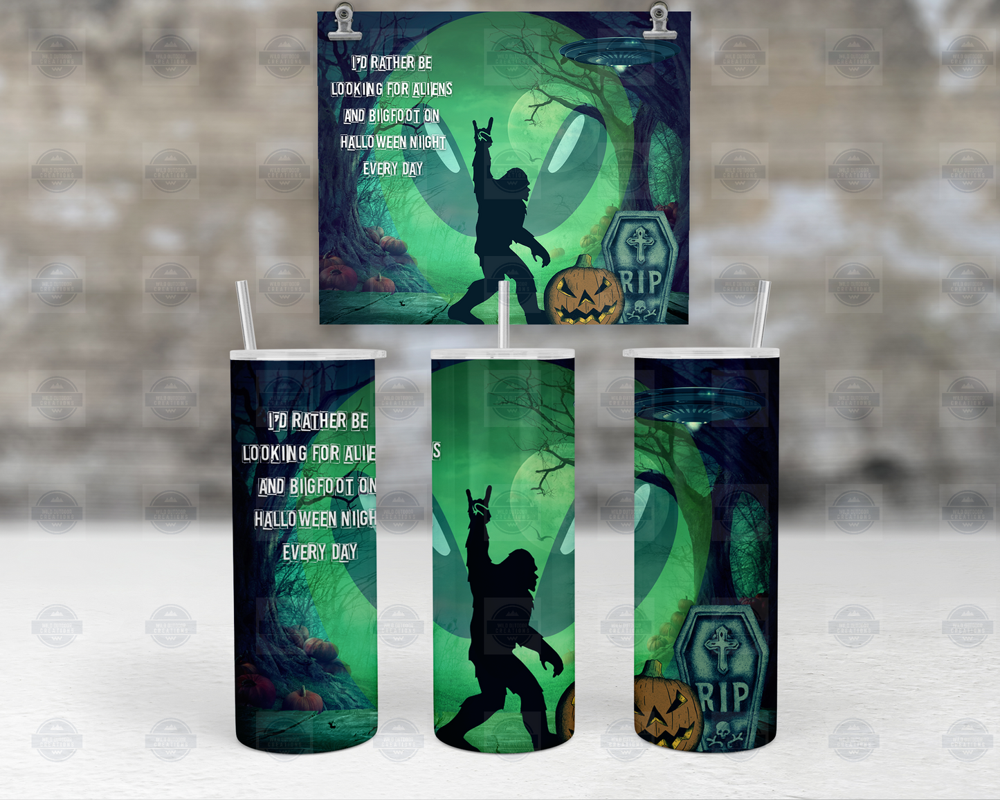 Bigfoot Alien 20oz Skinny Tumbler with Straw Lid - Fun Halloween Drinkware for Unique Celebrations