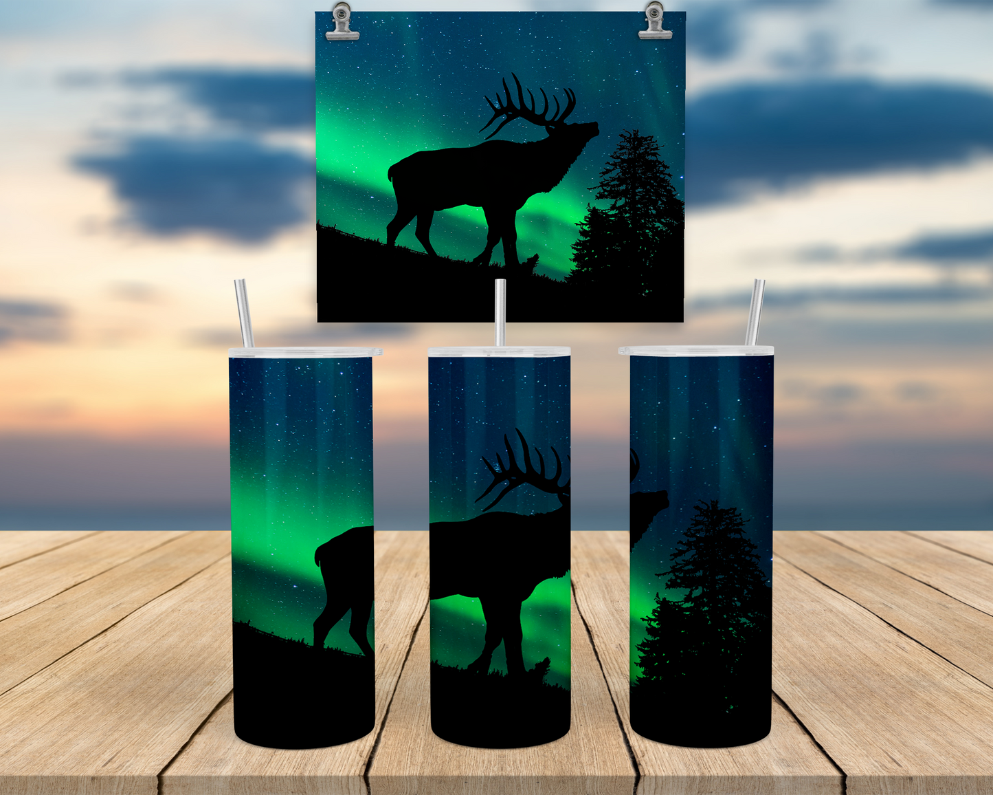 Aurora Borealis Elk Travel Tumbler with Straw Lid - Perfect Coffee Cup for Outdoor Enthusiasts