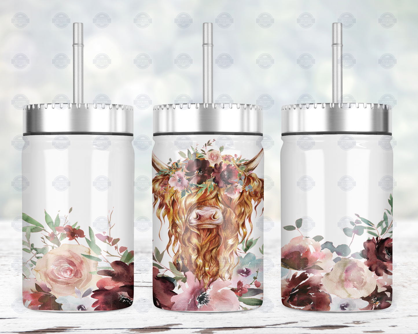 Fall Floral Higland Cow Mason Jar with Straw and Lid