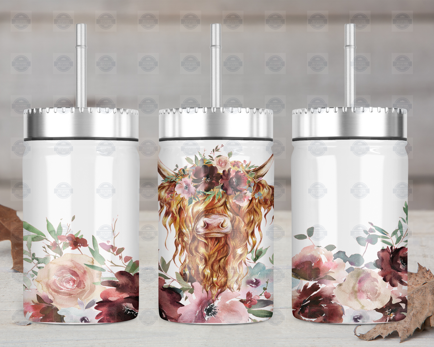 Fall Floral Higland Cow Mason Jar with Straw and Lid