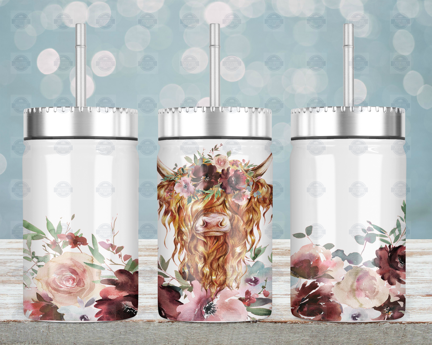 Fall Floral Higland Cow Mason Jar with Straw and Lid