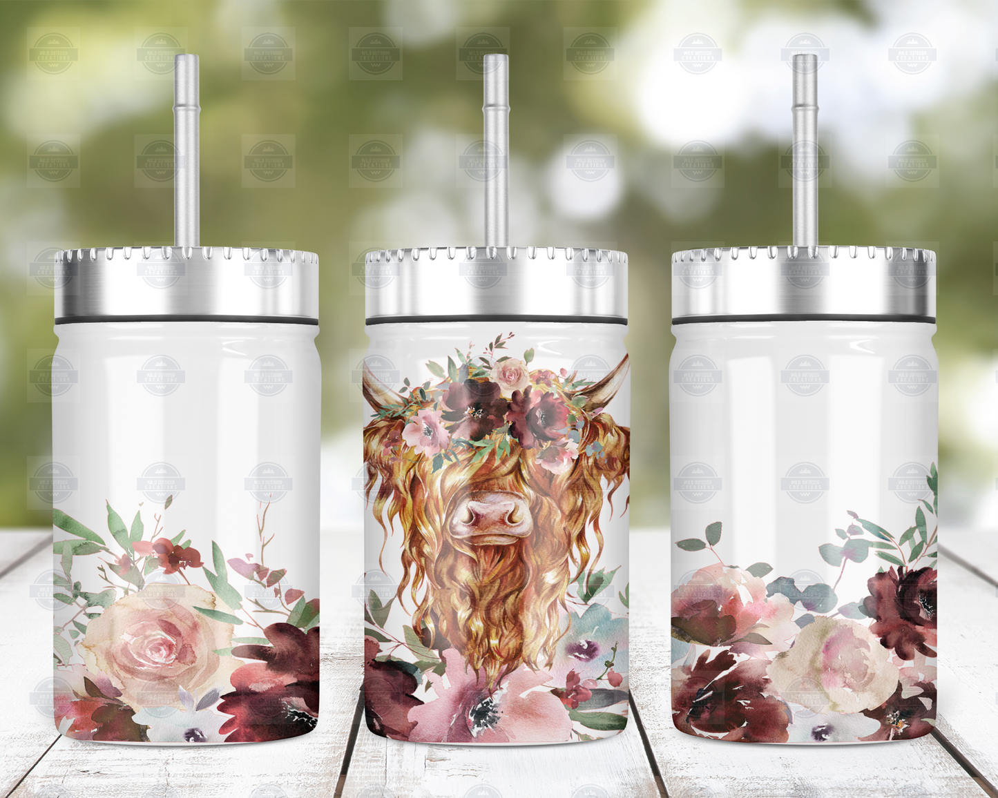 Fall Floral Higland Cow Mason Jar with Straw and Lid