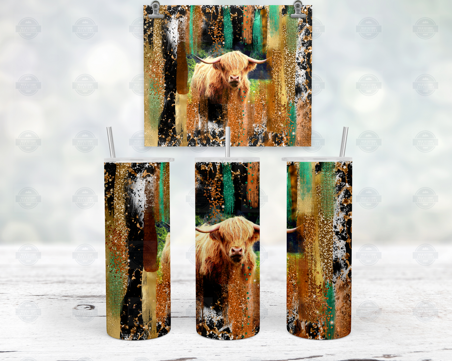 Highland Cow Brush Stroke Background 20oz Skinny Tumbler with Straw and Lid