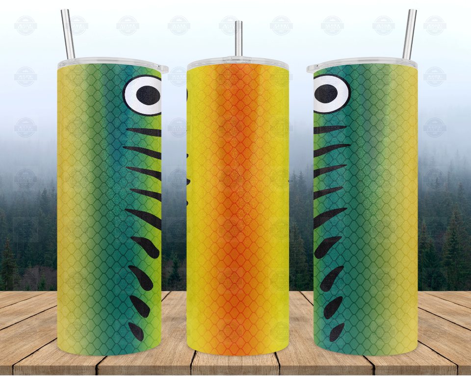 20oz Fish Lure Tumbler in Green Yellow Orange Perfect for Fishing Enthusiasts