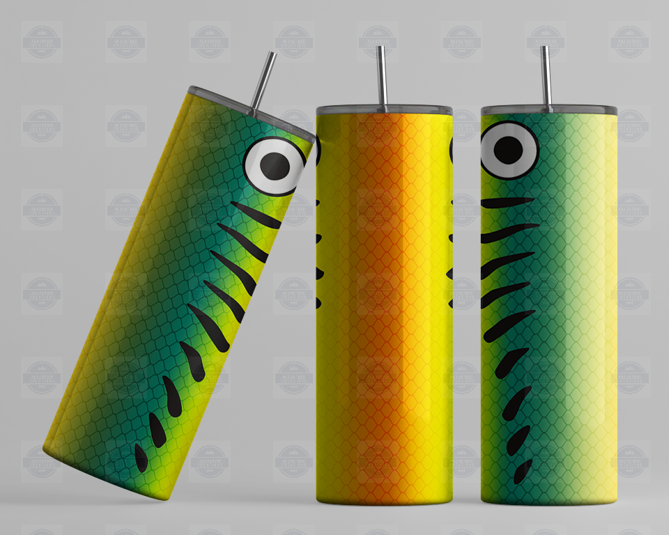 20oz Fish Lure Tumbler in Green Yellow Orange Perfect for Fishing Enthusiasts