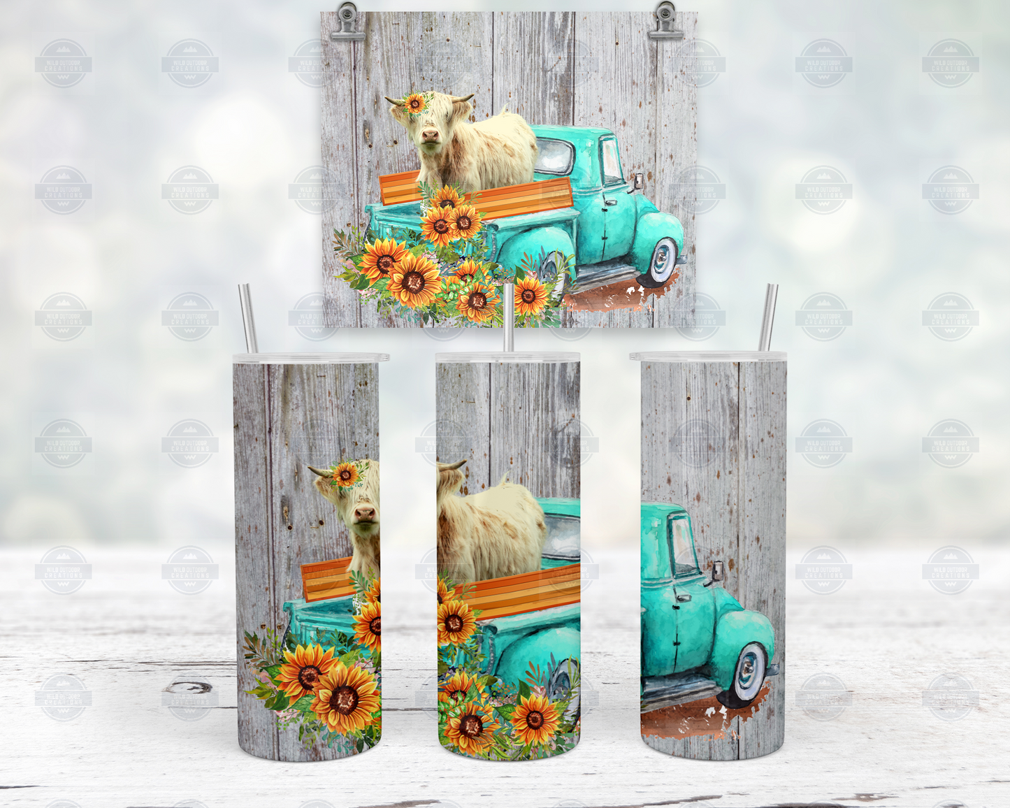 Highland Cow Farm Truck 20oz Skinny Tumbler with Straw and Lid