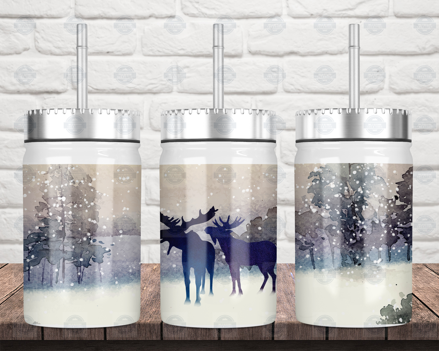 Moose Winter Scene 17oz Mason Jar Tumbler with Lid and Straw