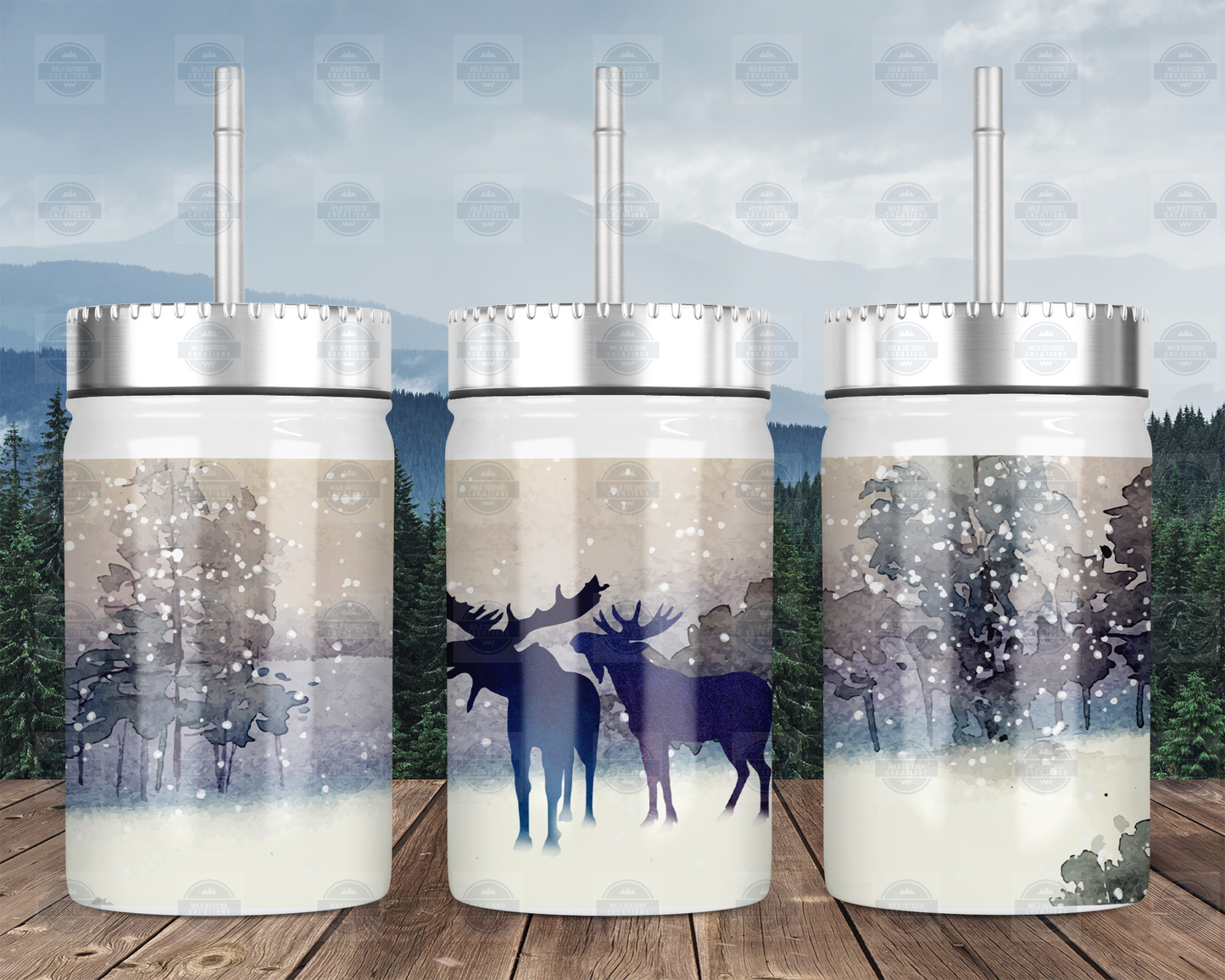 Moose Winter Scene 17oz Mason Jar Tumbler with Lid and Straw
