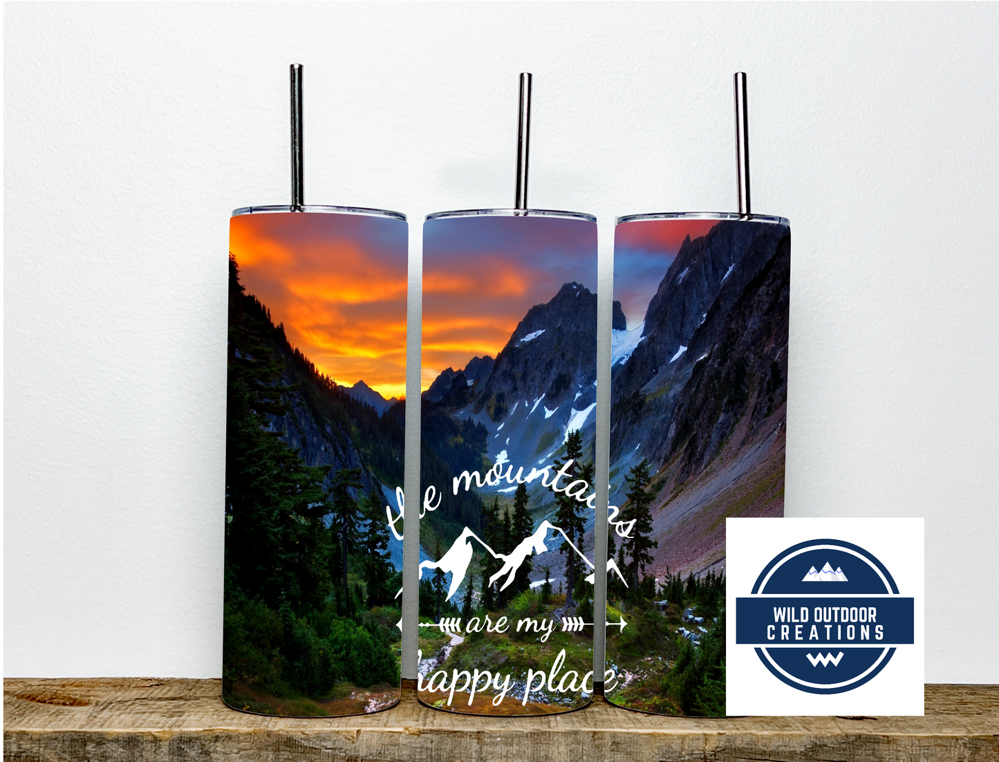 20oz Skinny Tumbler Travel Mug - The Mountains Are My Happy Place Design for Outdoor Enthusiasts