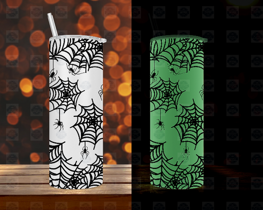 Glow in the Dark Tumbler with Straw - White  Black Spider Web Design