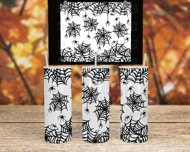 Glow in the Dark Tumbler with Straw - White Black Spider Web Design