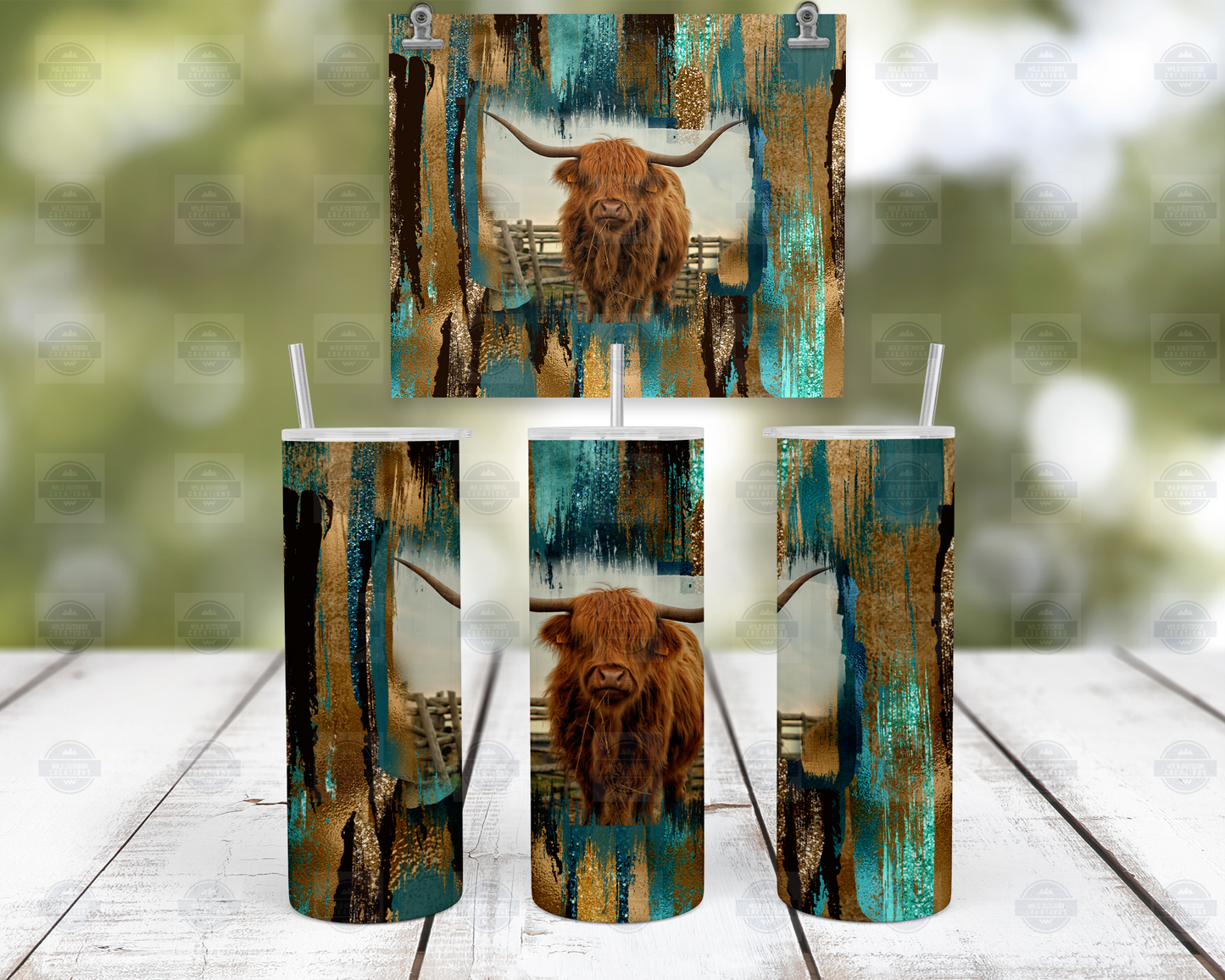 Teal Brushstroke Highland Cow 20oz Skinny Tumbler with Straw and Lid