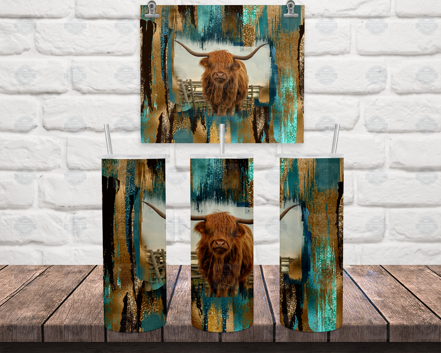 Teal Brushstroke Highland Cow 20oz Skinny Tumbler with Straw and Lid