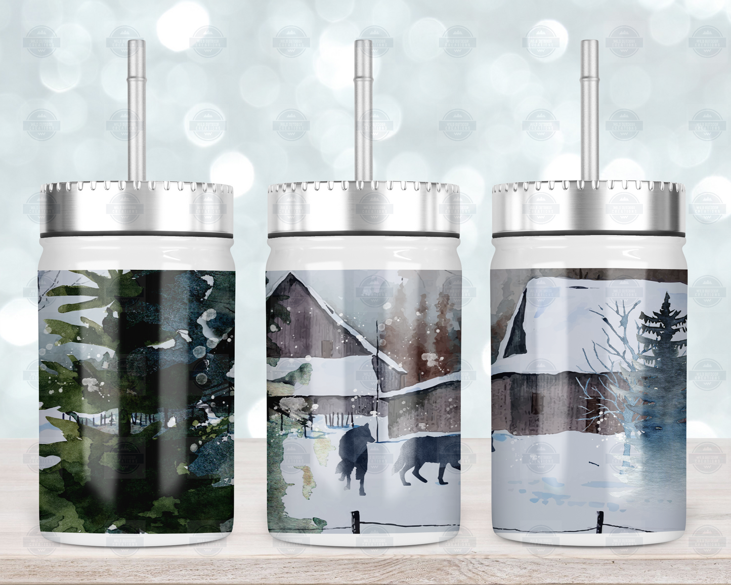 Wolf Winter Outdoorsy Theme 17oz Mason Jar with Straw And Lid